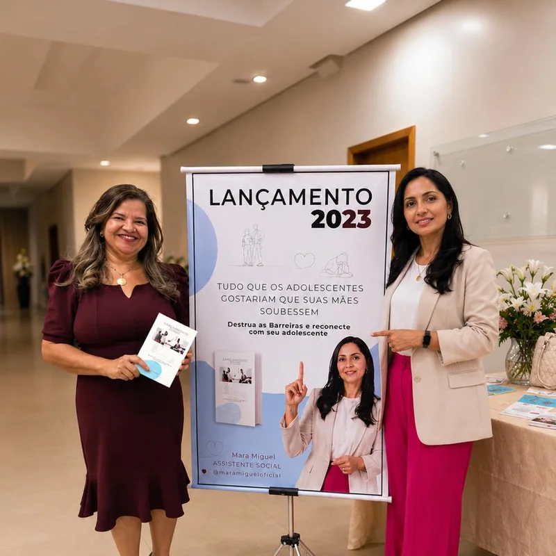 Leitora com o livro no lançamento, ao lado de Mara Miguel