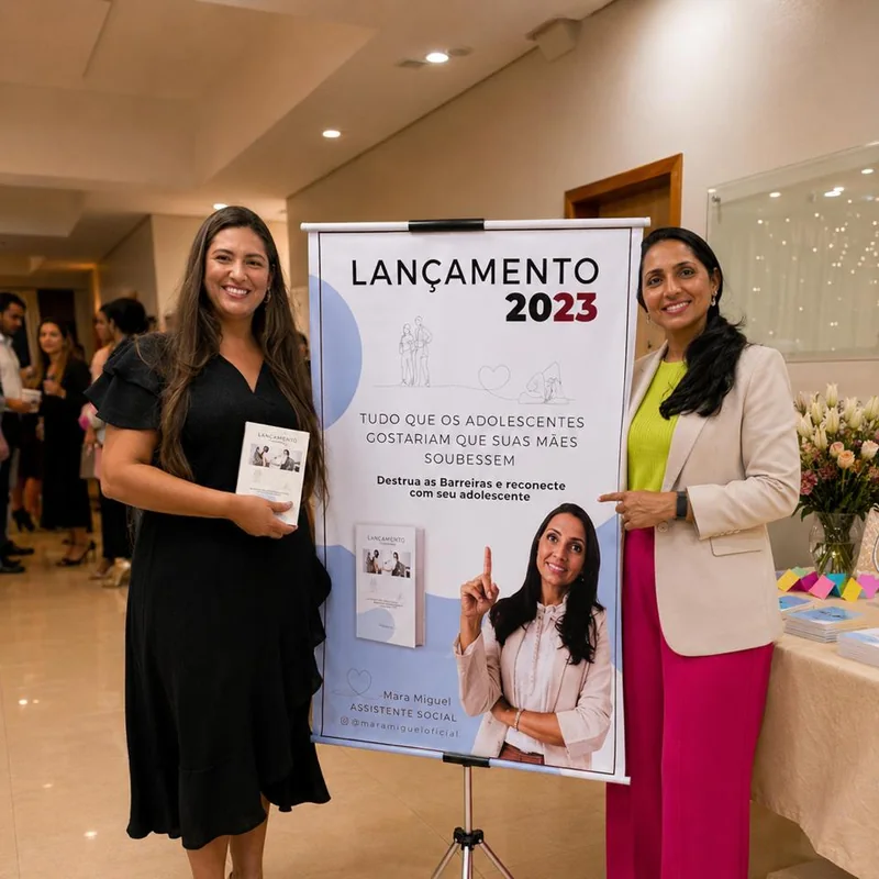 Leitora com o livro no lançamento, ao lado de Mara Miguel